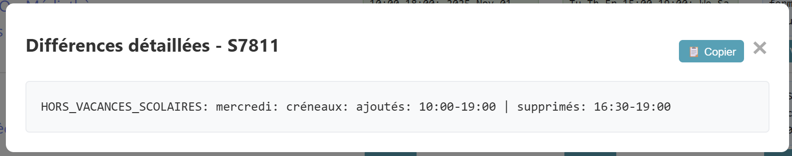 Fenêtre contextuelle présentant les différences constatées entre le site web et data.grandlyon.com.
